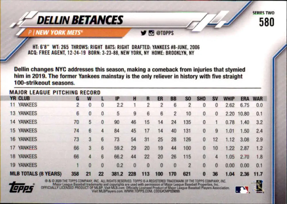 2020 Topps #580 Dellin Betances NM-MT New York Mets Baseball Card - Baseball Card Single