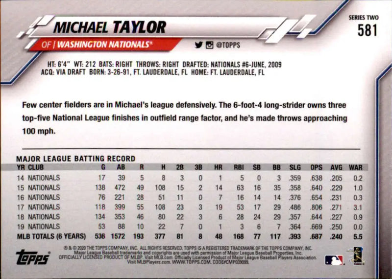 2020 Topps #581 Michael Taylor NM-MT Washington Nationals Baseball Card - Baseball Card Single