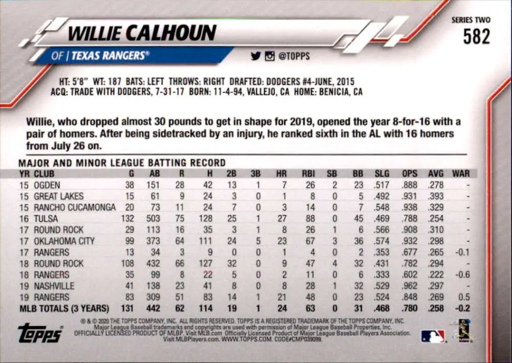 2020 Topps #582 Willie Calhoun NM-MT Texas Rangers Baseball Card - Baseball Card Single