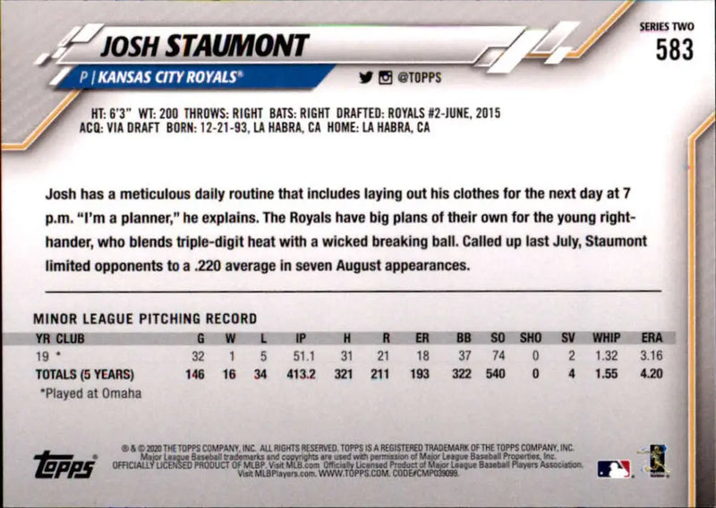2020 Topps #583 Josh Staumont NM-MT RC Rookie Kansas City Royals Baseball Card - Baseball Card Single