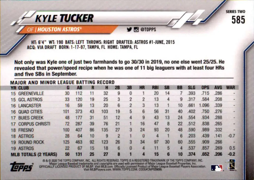 2020 Topps #585 Kyle Tucker NM-MT Houston Astros Baseball Card - Baseball Card Single