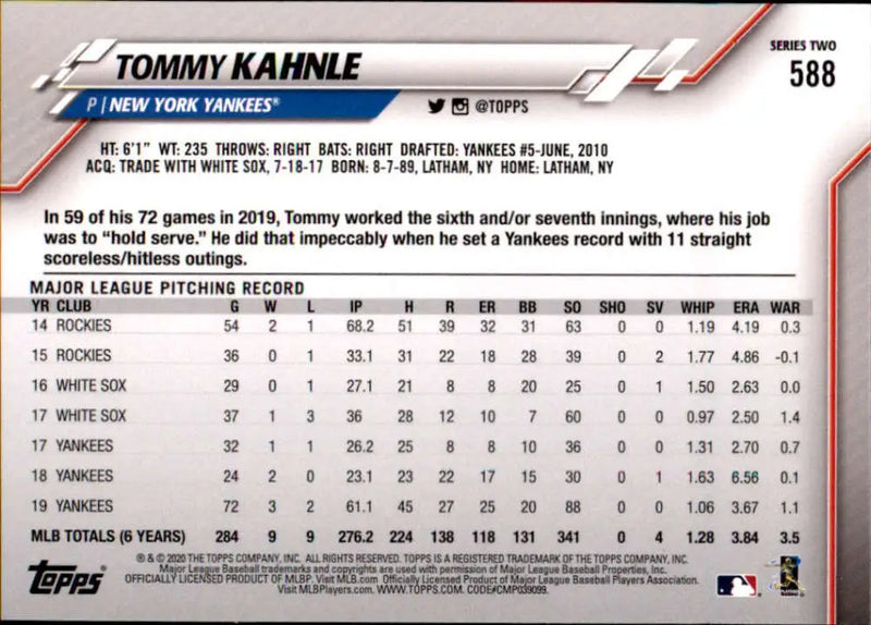 2020 Topps #588 Tommy Kahnle NM-MT New York Yankees Baseball Card - Baseball Card Single