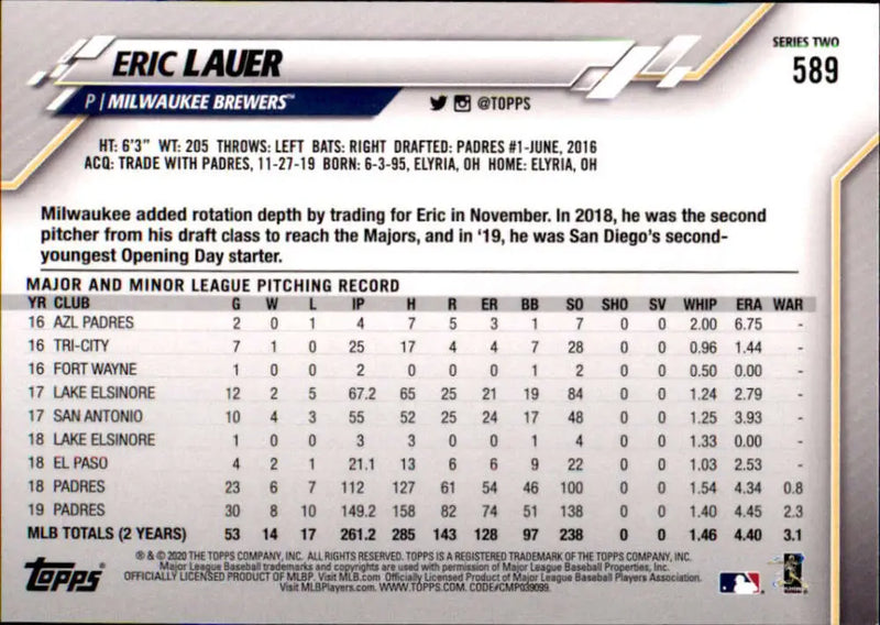 2020 Topps #589 Eric Lauer NM-MT Milwaukee Brewers Baseball Card - Baseball Card Single