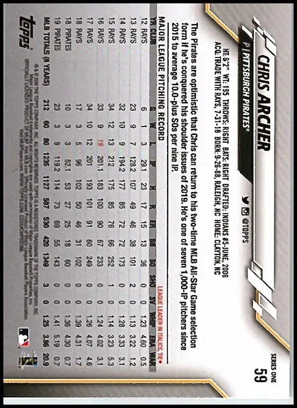 2020 Topps #59 Chris Archer NM-MT Pittsburgh Pirates Baseball Card - Baseball Card Single