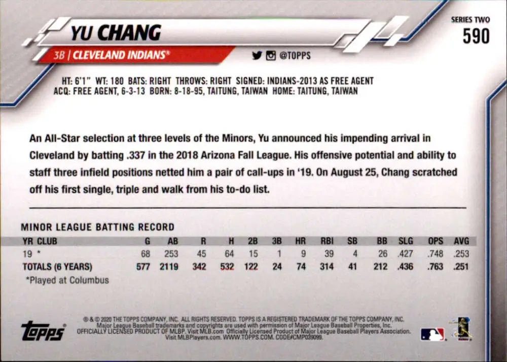 2020 Topps #590 Yu Chang NM-MT RC Rookie Cleveland Indians Baseball Card - Baseball Card Single