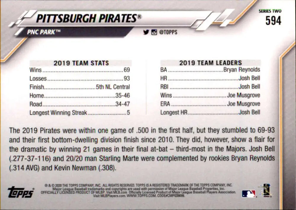2020 Topps #594 Pittsburgh Pirates NM-MT Pittsburgh Pirates Baseball Card - Baseball Card Single