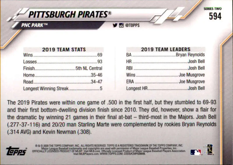 2020 Topps #594 Pittsburgh Pirates NM-MT Pittsburgh Pirates Baseball Card - Baseball Card Single