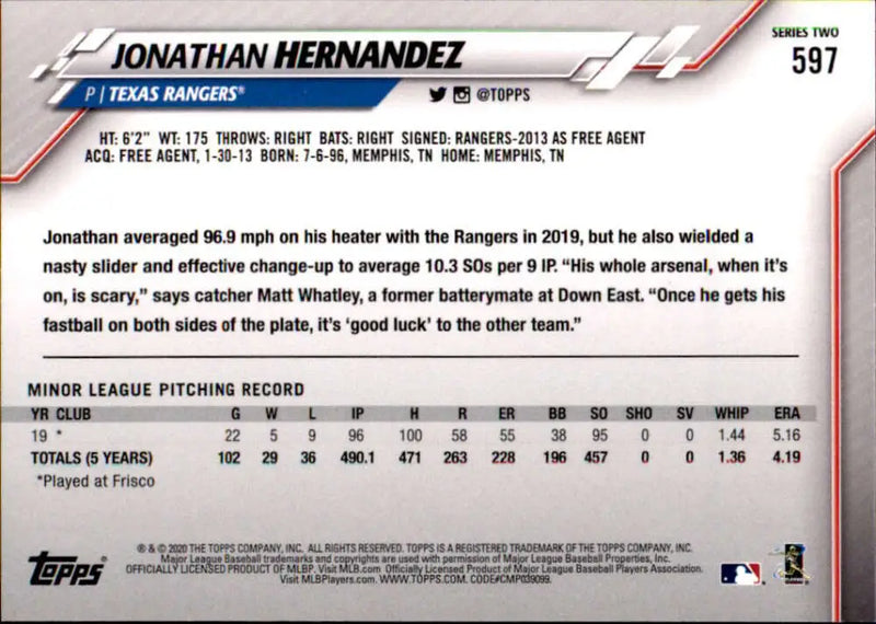 2020 Topps #597 Jonathan Hernandez NM-MT RC Rookie Texas Rangers Baseball Card - Baseball Card Single