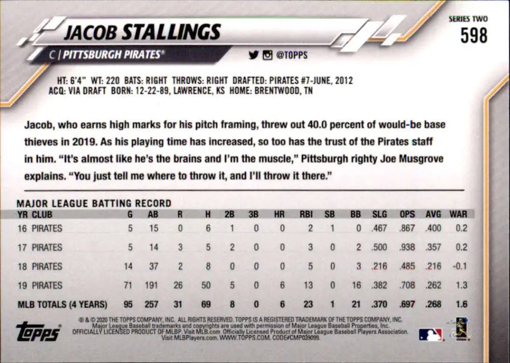 2020 Topps #598 Jacob Stallings NM-MT Pittsburgh Pirates Baseball Card - Baseball Card Single