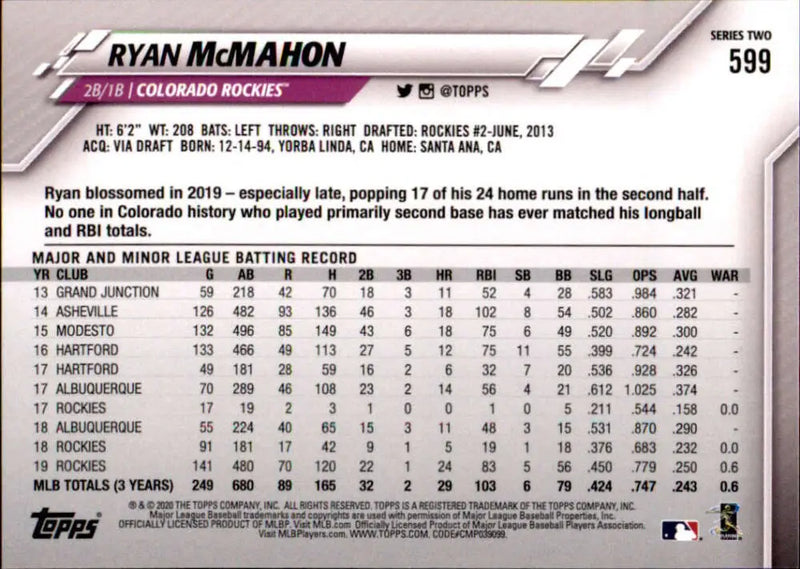 2020 Topps #599 Ryan McMahon NM-MT Colorado Rockies Baseball Card - Baseball Card Single