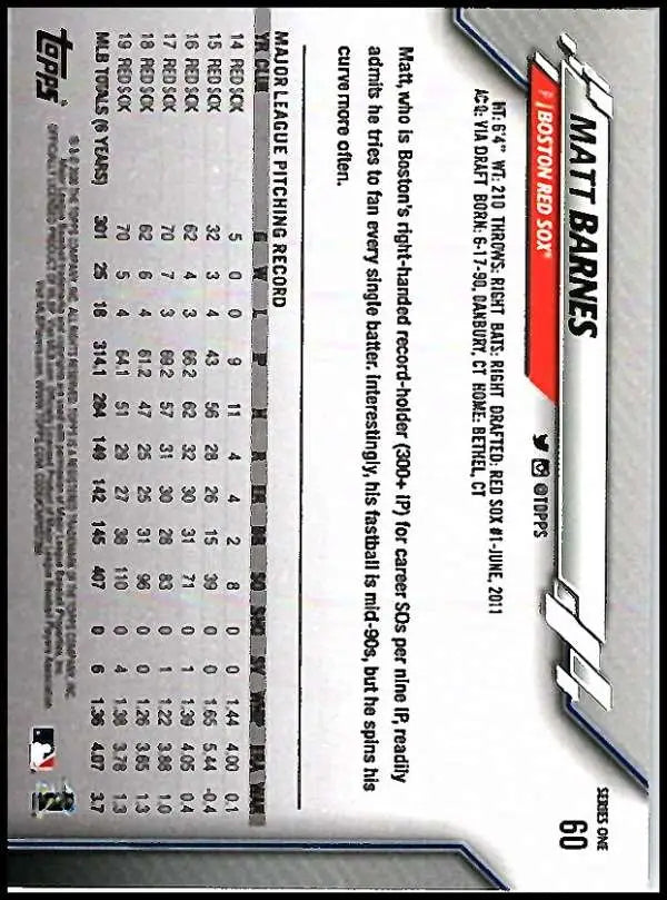 2020 Topps #60 Matt Barnes NM-MT Boston Red Sox Baseball Card - Baseball Card Single