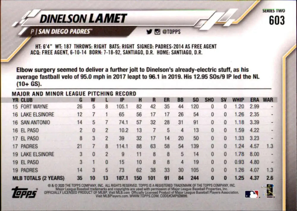 2020 Topps #603 Dinelson Lamet NM-MT San Diego Padres Baseball Card - Baseball Card Single