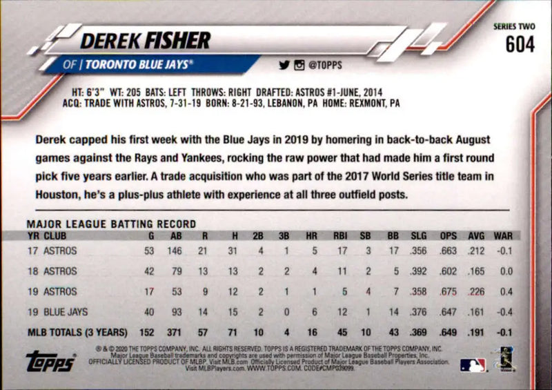 2020 Topps #604 Derek Fisher NM-MT Toronto Blue Jays Baseball Card - Baseball Card Single