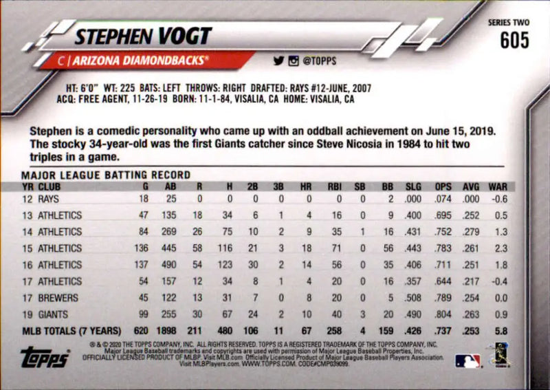 2020 Topps #605 Stephen Vogt NM-MT Arizona Diamondbacks Baseball Card - Baseball Card Single