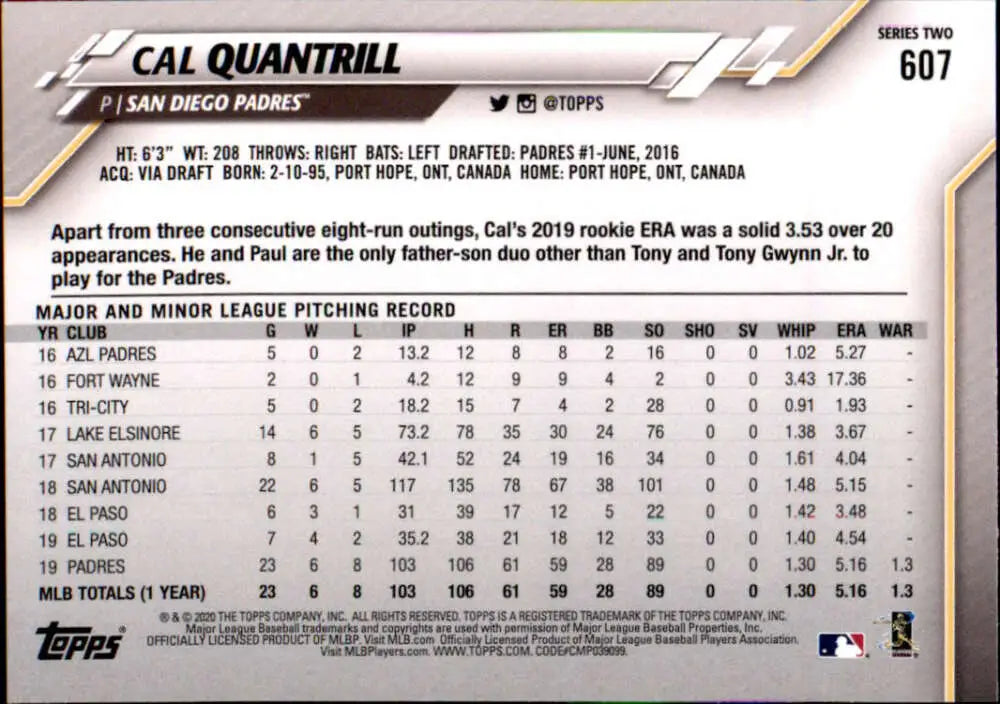 2020 Topps #607 Cal Quantrill NM-MT San Diego Padres Baseball Card - Baseball Card Single