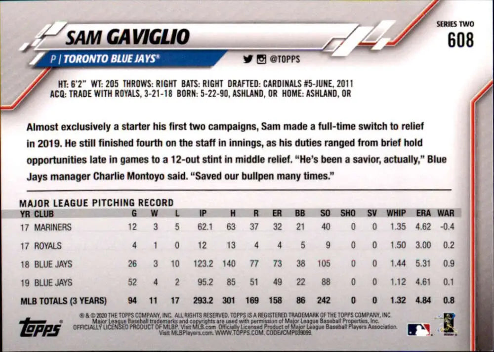 2020 Topps #608 Sam Gaviglio NM-MT Toronto Blue Jays Baseball Card - Baseball Card Single