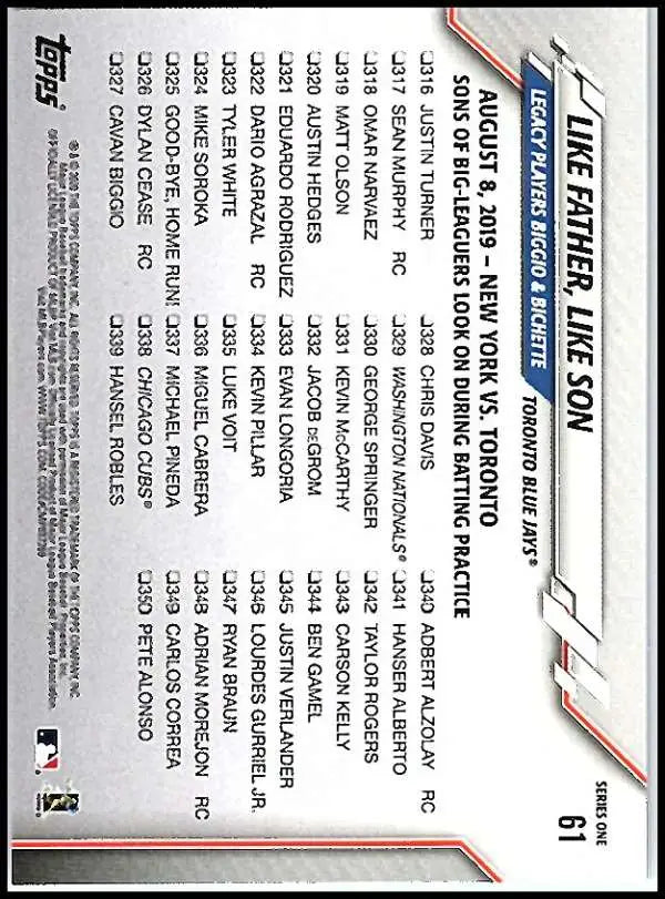 2020 Topps #61 Like Father Like Son NM-MT Toronto Blue Jays Baseball Card - Baseball Card Single