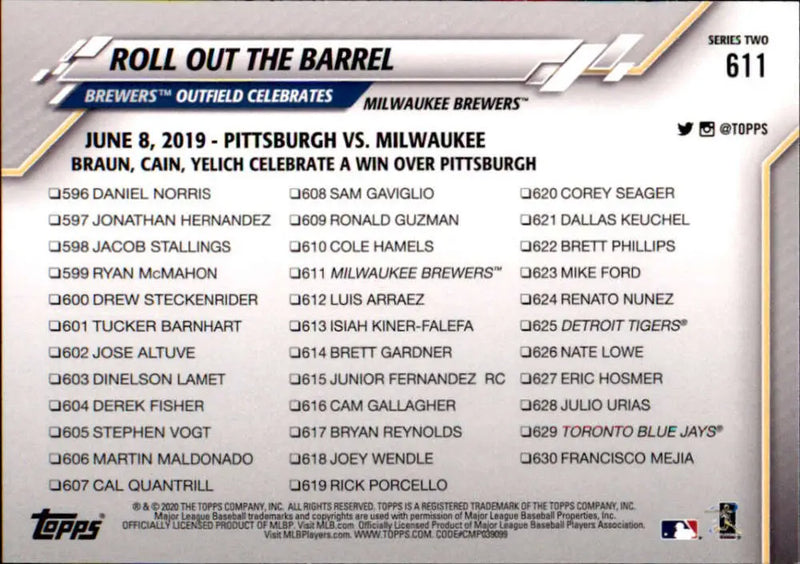2020 Topps #611 Roll Out The Barrel NM-MT Milwaukee Brewers Baseball Card - Baseball Card Single