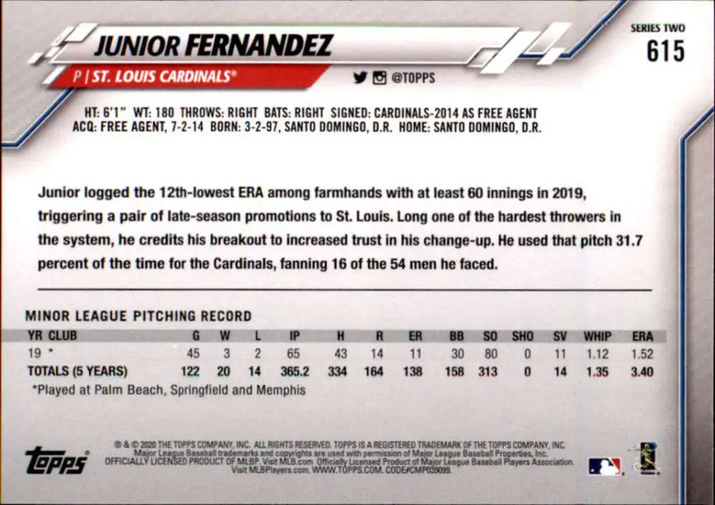2020 Topps #615 Junior Fernandez NM-MT RC Rookie St. Louis Cardinals Baseball Card - Baseball Card Single