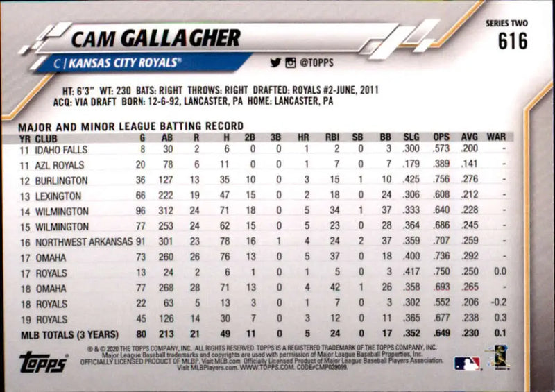 2020 Topps #616 Cam Gallagher NM-MT Kansas City Royals Baseball Card - Baseball Card Single