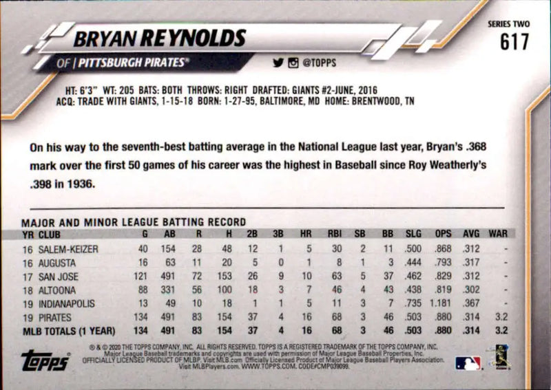 2020 Topps #617 Bryan Reynolds NM-MT Pittsburgh Pirates Baseball Card - Baseball Card Single