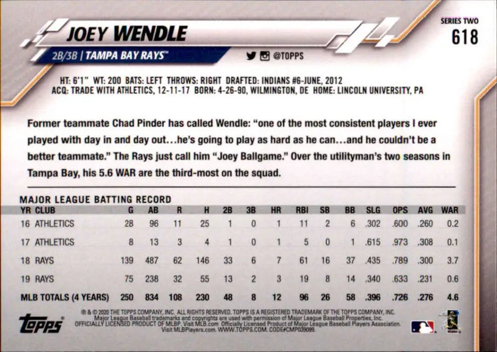 2020 Topps #618 Joey Wendle NM-MT Tampa Bay Rays Baseball Card - Baseball Card Single