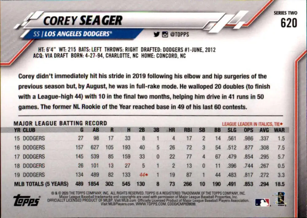 2020 Topps #620 Corey Seager NM-MT Los Angeles Dodgers Baseball Card - Baseball Card Single
