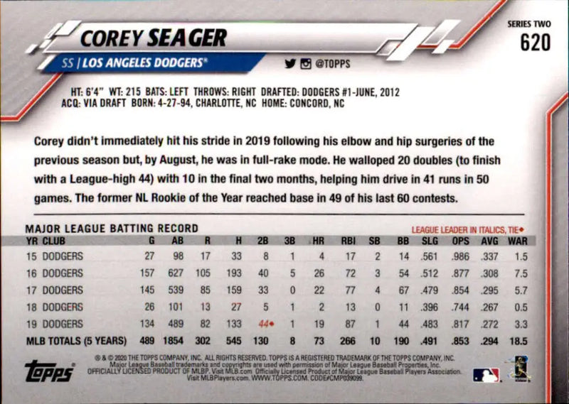 2020 Topps #620 Corey Seager NM-MT Los Angeles Dodgers Baseball Card - Baseball Card Single