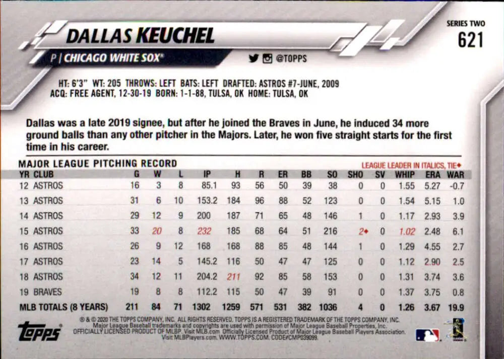 2020 Topps #621 Dallas Keuchel NM-MT Chicago White Sox Baseball Card - Baseball Card Single