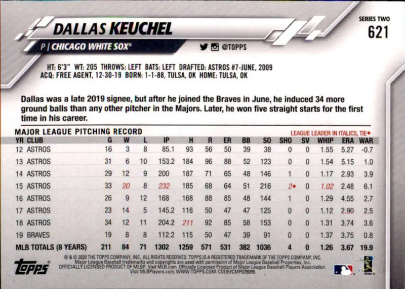 2020 Topps #621 Dallas Keuchel NM-MT Chicago White Sox Baseball Card - Baseball Card Single