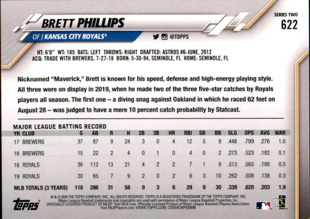 2020 Topps #622 Brett Phillips NM-MT Kansas City Royals Baseball Card - Baseball Card Single
