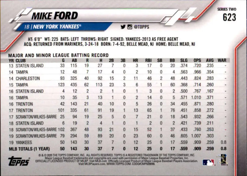 2020 Topps #623 Mike Ford NM-MT New York Yankees Baseball Card - Baseball Card Single