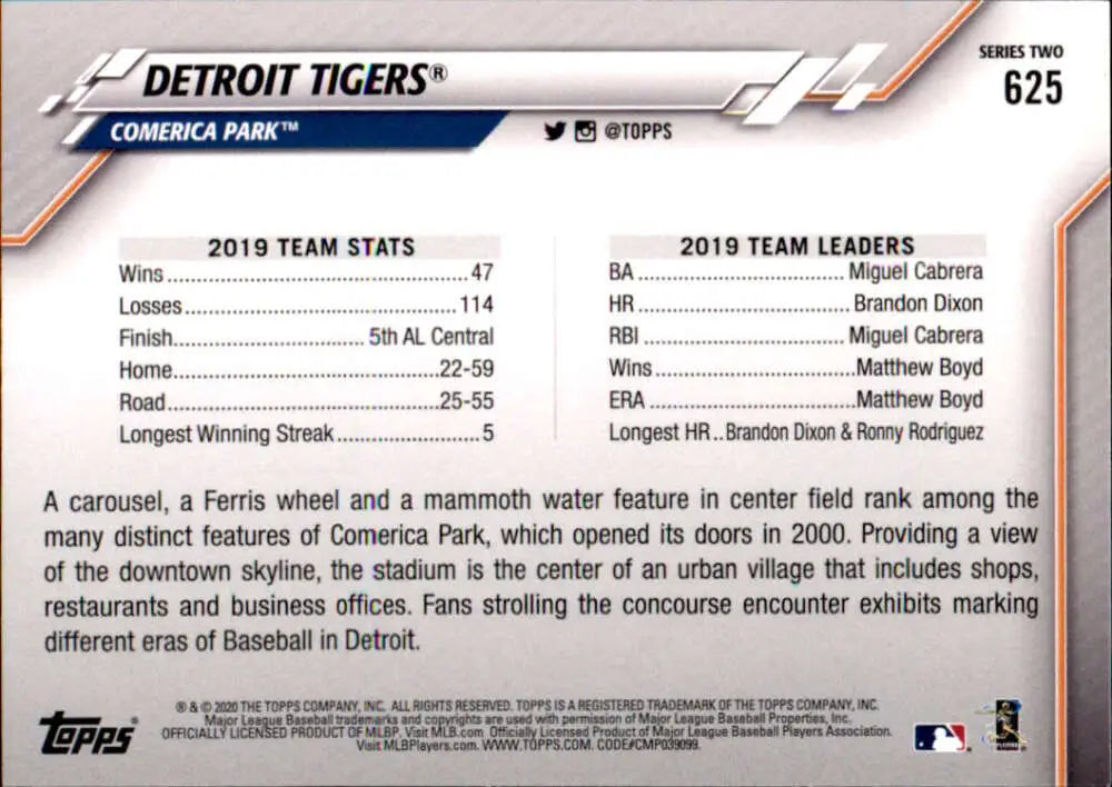 2020 Topps #625 Detroit Tigers NM-MT Detroit Tigers Baseball Card - Baseball Card Single