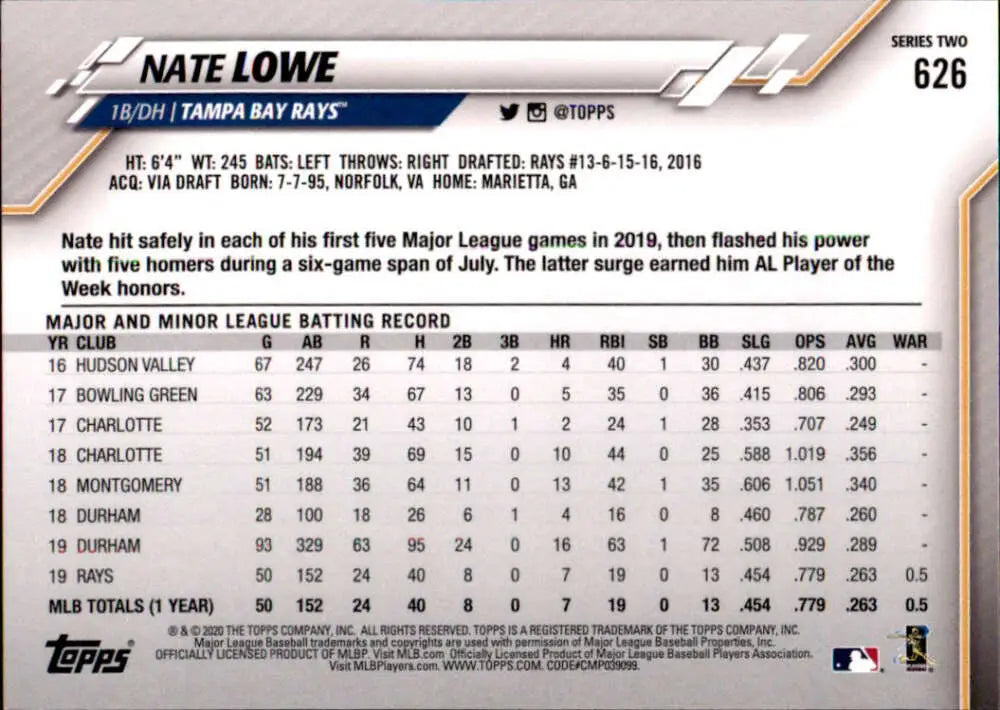 2020 Topps #626 Nate Lowe NM-MT Tampa Bay Rays Baseball Card - Baseball Card Single