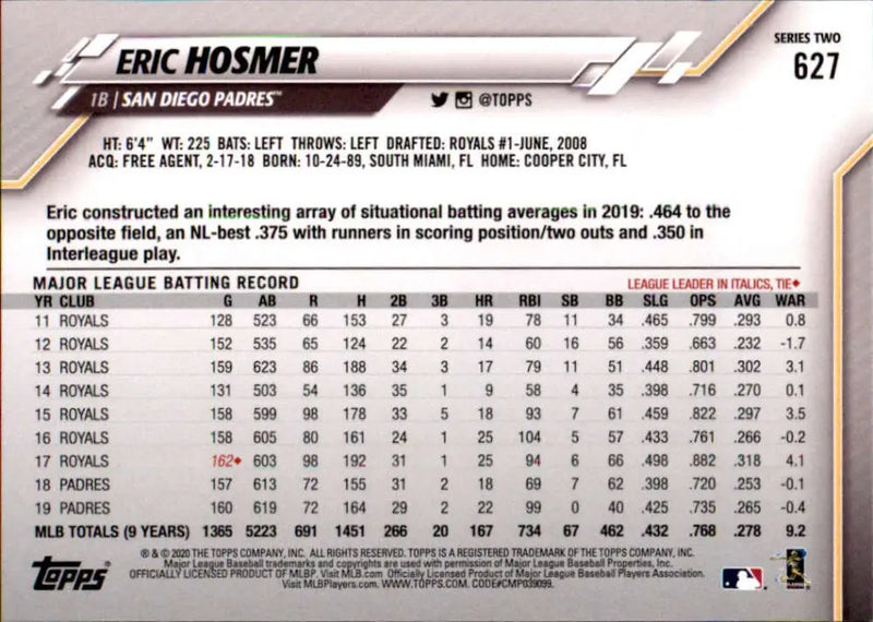 2020 Topps #627 Eric Hosmer NM-MT San Diego Padres Baseball Card - Baseball Card Single