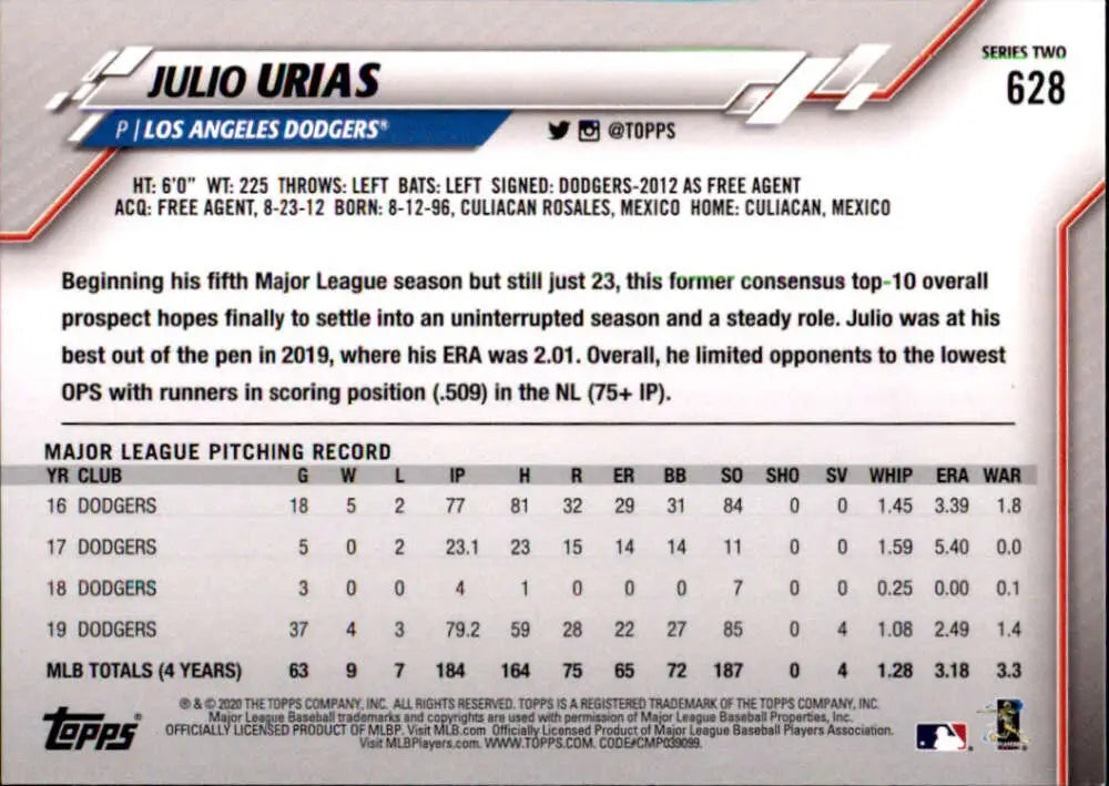 2020 Topps #628 Julio Urias NM-MT Los Angeles Dodgers Baseball Card - Baseball Card Single