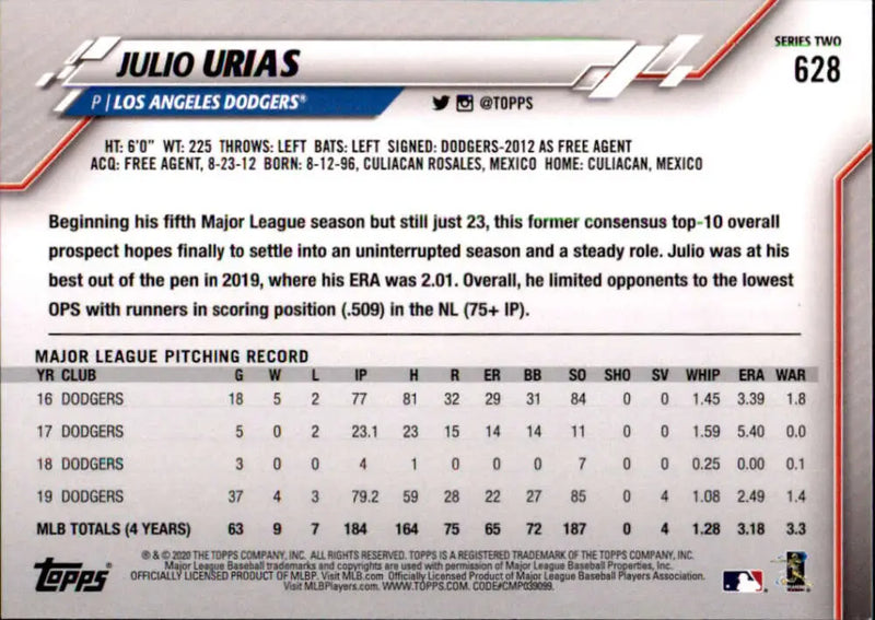 2020 Topps #628 Julio Urias NM-MT Los Angeles Dodgers Baseball Card - Baseball Card Single