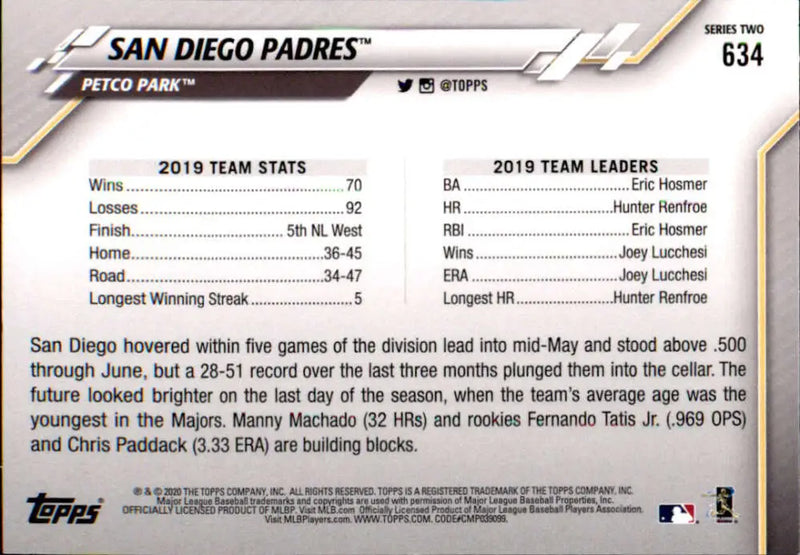 2020 Topps #634 San Diego Padres NM-MT San Diego Padres Baseball Card - Baseball Card Single