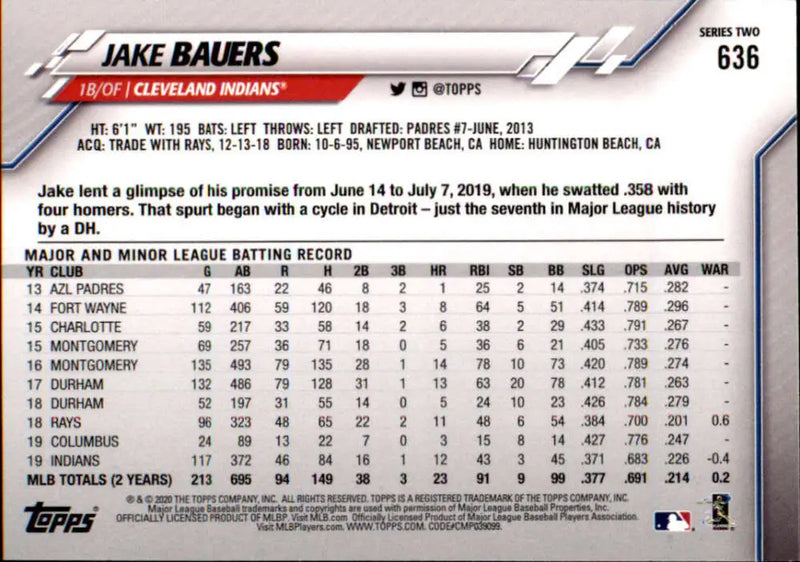 2020 Topps #636 Jake Bauers NM-MT Cleveland Indians Baseball Card - Baseball Card Single