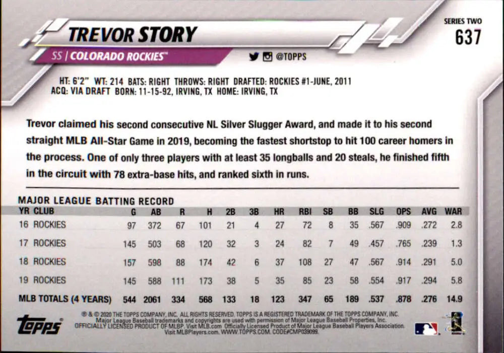 2020 Topps #637 Trevor Story NM-MT Colorado Rockies Baseball Card - Baseball Card Single