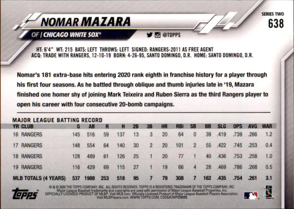 2020 Topps #638 Nomar Mazara NM-MT Chicago White Sox Baseball Card - Baseball Card Single