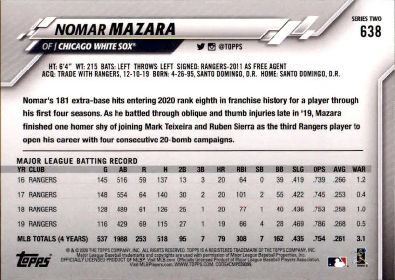 2020 Topps #638 Nomar Mazara NM-MT Chicago White Sox Baseball Card - Baseball Card Single