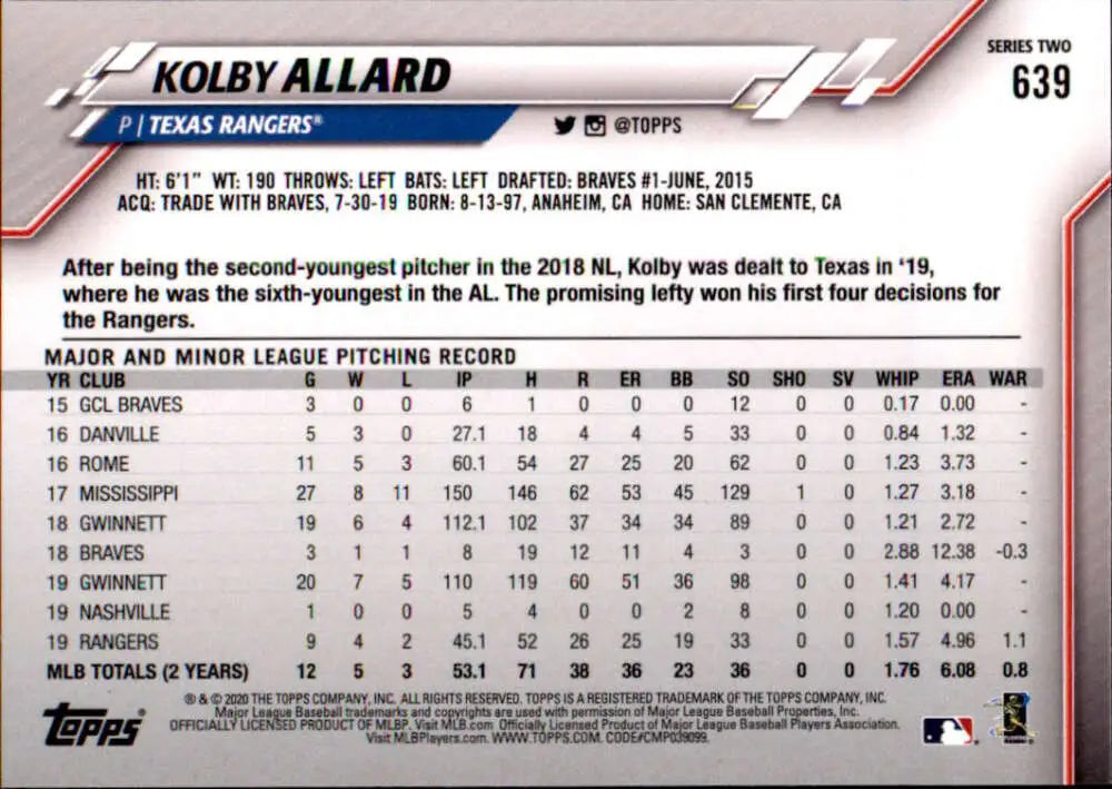 2020 Topps #639 Kolby Allard NM-MT Texas Rangers Baseball Card - Baseball Card Single