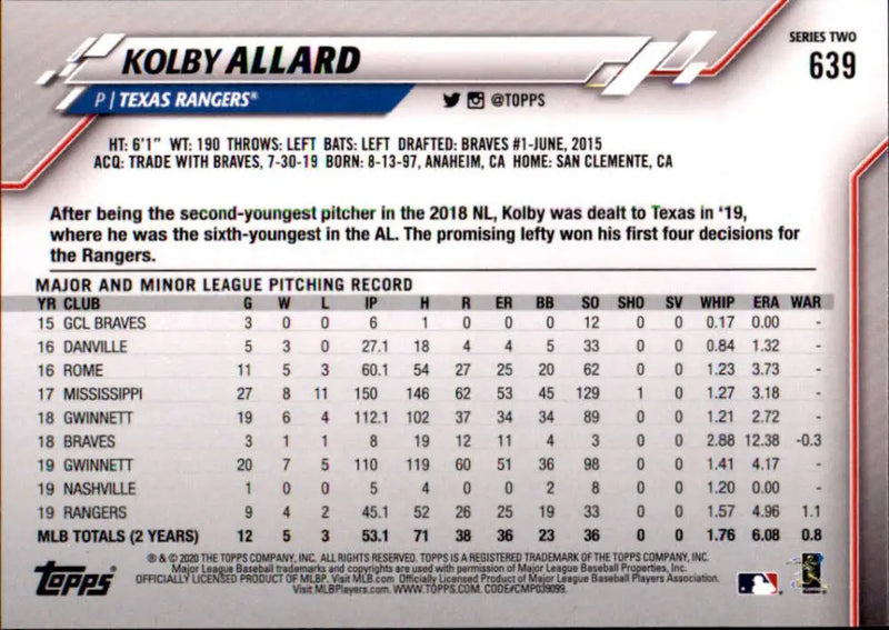 2020 Topps #639 Kolby Allard NM-MT Texas Rangers Baseball Card - Baseball Card Single