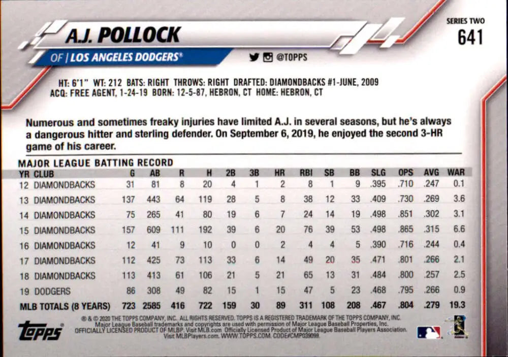 2020 Topps #641 A.J. Pollock NM-MT Los Angeles Dodgers Baseball Card - Baseball Card Single
