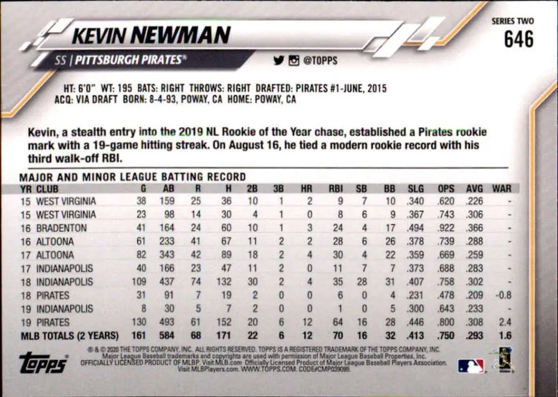 2020 Topps #646 Kevin Newman NM-MT Pittsburgh Pirates Baseball Card - Baseball Card Single