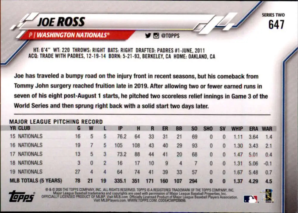 2020 Topps #647 Joe Ross NM-MT Washington Nationals Baseball Card - Baseball Card Single