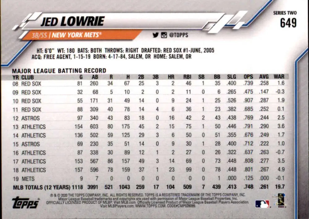 2020 Topps #649 Jed Lowrie NM-MT New York Mets Baseball Card - Baseball Card Single