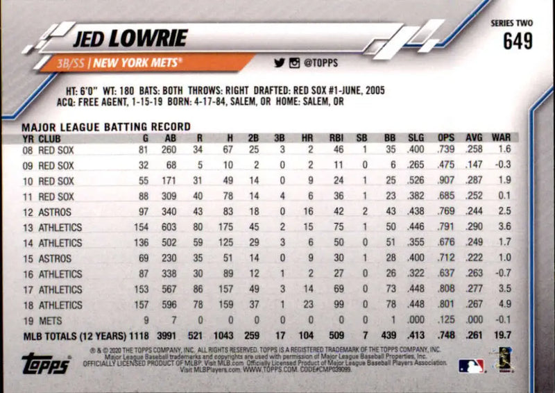 2020 Topps #649 Jed Lowrie NM-MT New York Mets Baseball Card - Baseball Card Single