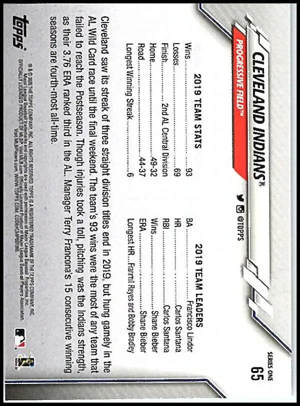 2020 Topps #65 Cleveland Indians NM-MT Baseball Card - Baseball Card Single